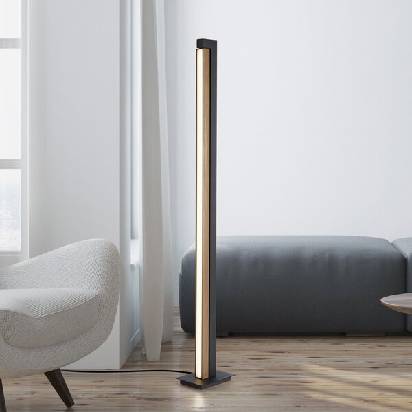 PURE LED подова лампа Lines, черна, дърво, дистанционно управление, 140 cm, Затъмняване, Дърво, Дневна/трапезария, Дървесина