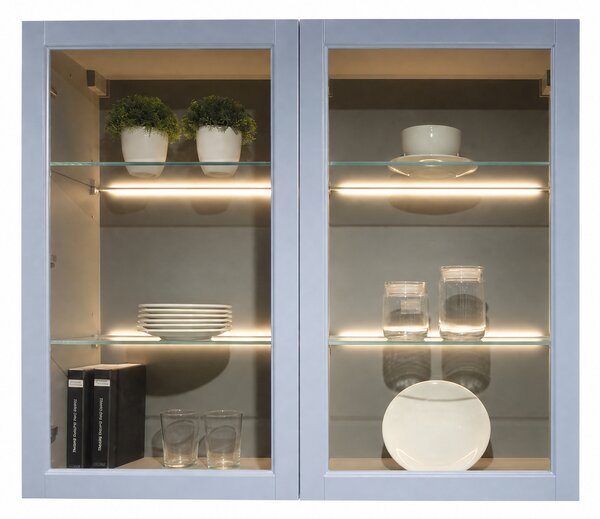 CREO ТВ композиция CONTEMPO с витрини и LED осветление, 300x48x242 см, Teal Blue/Lava Grey/Calacatta