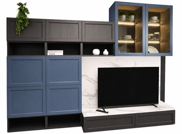 CREO ТВ композиция CONTEMPO с витрини и LED осветление, 300x48x242 см, Teal Blue/Lava Grey/Calacatta