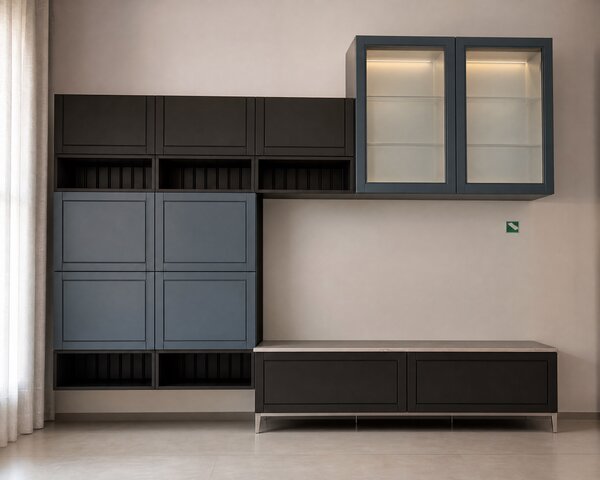 CREO ТВ композиция CONTEMPO с витрини и LED осветление, 300x48x242 см, Teal Blue/Lava Grey/Calacatta