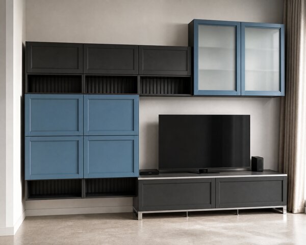 CREO ТВ композиция CONTEMPO с витрини и LED осветление, 300x48x242 см, Teal Blue/Lava Grey/Calacatta