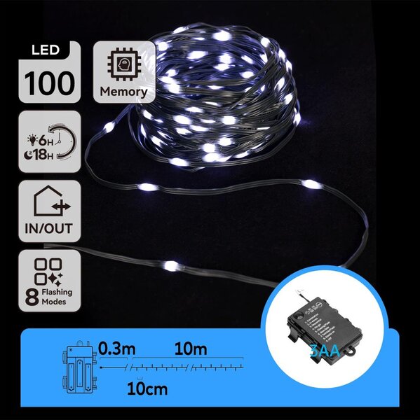 Aigostar LED външен коледен гирлянд 100 LED, 8 функции, 10,3 м, IP44, студена бя