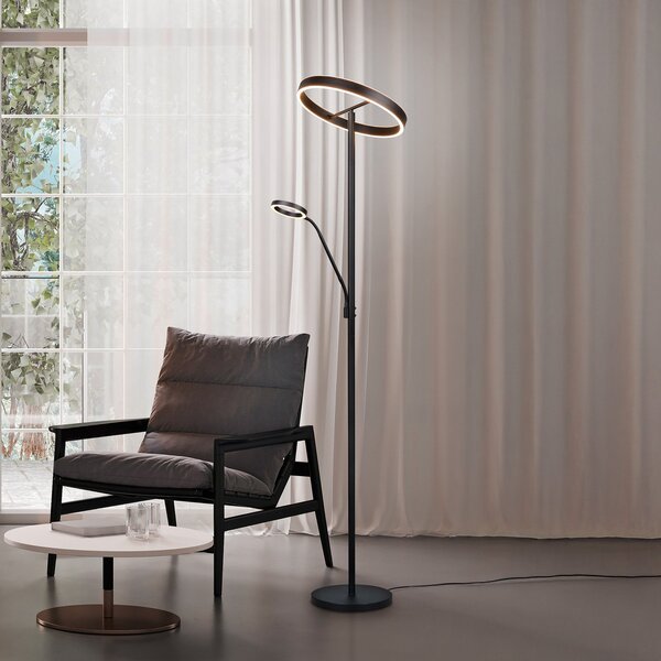 Trio Lighting LED подова лампа Willis, черна, височина 180 см, метален димер CCT, Затъмняване, Черен, Дневна/трапезария, Метал, Модерен, Светлина за четене