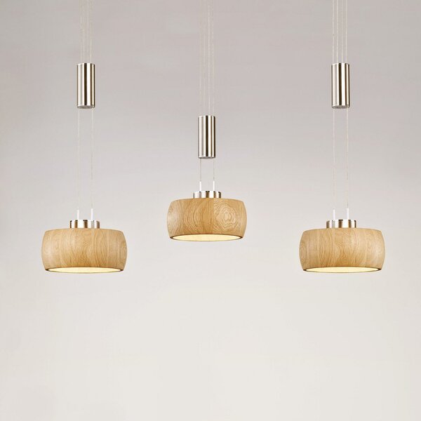 FISCHER & HONSEL LED висяща лампа Shine-Wood, дъб/никел, дължина 100 cm 3 светлини., Затъмняване, Дърво, Дневна/трапезария, Дървесина, Модерен