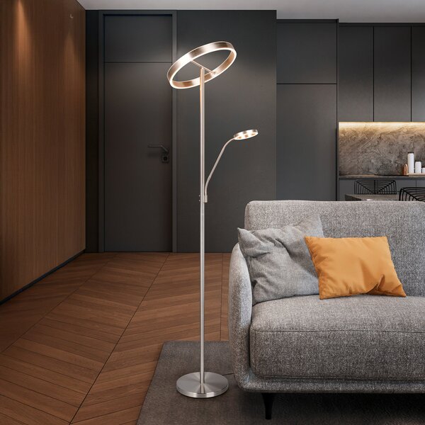 Trio Lighting LED подова лампа Willis, никел, височина 180 cm, метален димер CCT, Затъмняване, Металик, Дневна/трапезария, Метал, Модерен, Светлина за четене