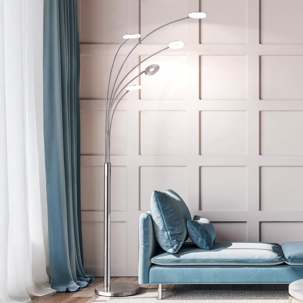FISCHER & HONSEL LED стояща лампа Dent, никел/хром, 225 cm, метал, CCT 5-flg., Затъмняване, Сив, Дневна/трапезария, Метал, Модерен, Стояща сянка