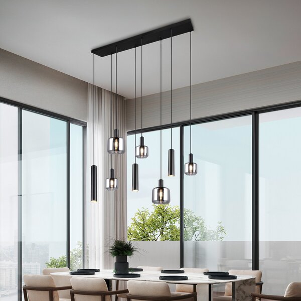 Trio Lighting Висяща лампа Mataro, хром/черно, 118 cm, 8 светлини, стъкло/метал, Затъмняване, Черен, Дневна/трапезария, Стъкло, Модерен