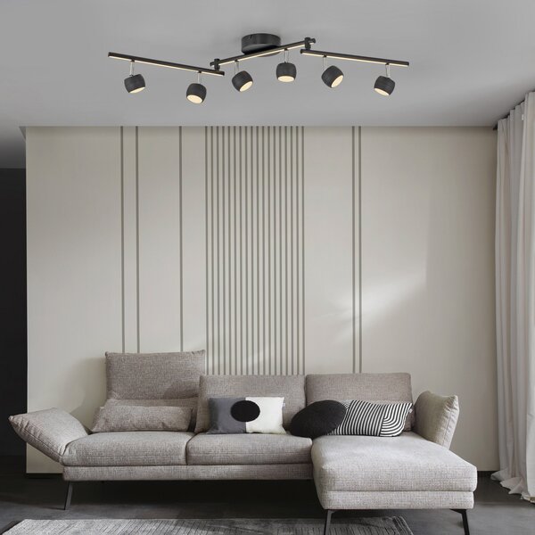 JUST LIGHT. GmbH LED тавански спот Jarik, 6-лампов, черен, 3000 K, Затъмняване, Черен, Дневна/трапезария, Метал, Модерен