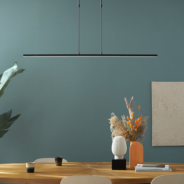 Steinhauer LED висящо осветление Zelena, черно, дължина 122cm, метал, CCT, Затъмняване, Черен, Дневна/трапезария, Метал, Модерен