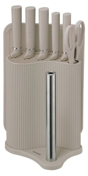 Комплект ножове Klausberg KB 7978, 8 части, неръждаема стомана, стойка с държач за кухненска хартия, дръжки от оребрена пластмаса, бежови