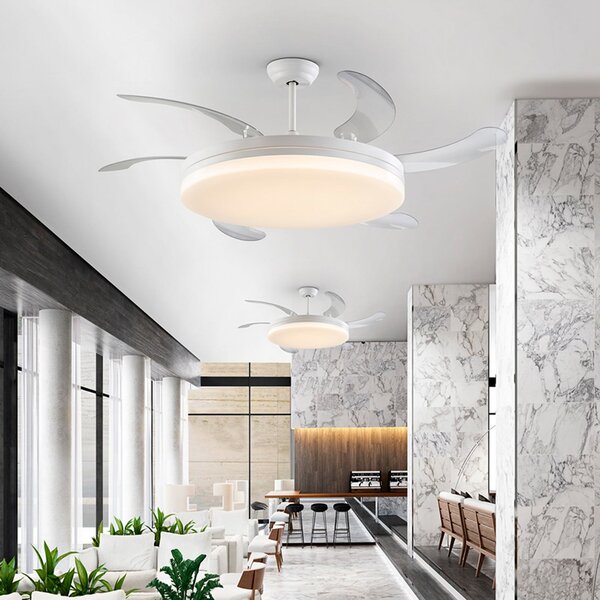 Schuller Valencia LED тавански вентилатор Vento бял/прозрачен, DC Ø 150 cm, тих, Затъмняване, Прозрачен, Дневна/трапезария, Пластмаса, Модерен