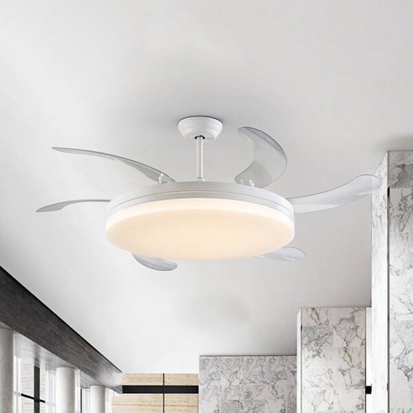 Schuller Valencia LED тавански вентилатор Vento бял/прозрачен, DC Ø 150 cm, тих, Затъмняване, Прозрачен, Дневна/трапезария, Пластмаса, Модерен