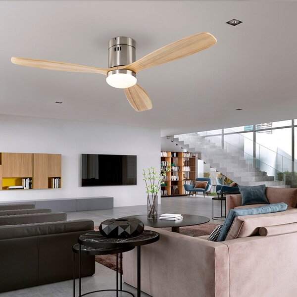 Schuller Valencia LED тавански вентилатор Siroco, никел/светло дърво Ø 132 cm, безшумен, Затъмняване, Дърво, Дневна/трапезария, Дървесина, Модерен