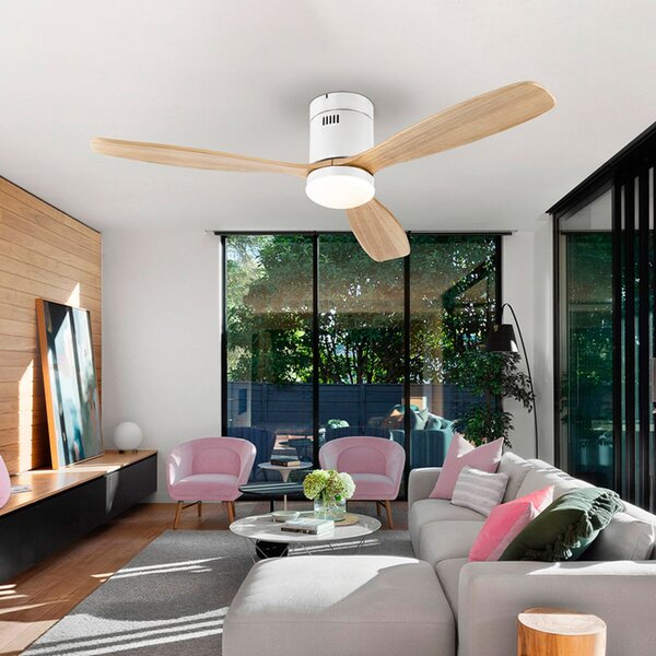 Schuller Valencia LED тавански вентилатор Siroco, бял/светло дърво Ø 132 cm, тих, Затъмняване, Дърво, Дневна/трапезария, Дървесина, Модерен