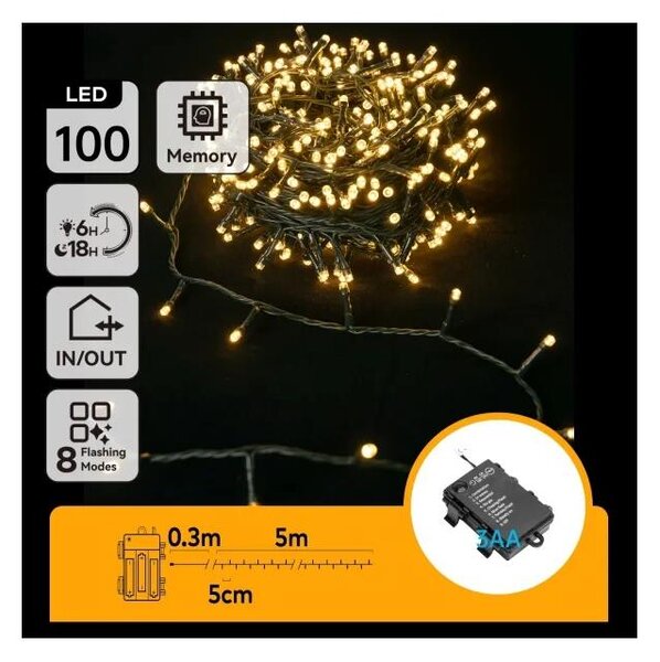 Aigostar - LED външен гирлянд, 100 LED / 8 функции, 3xAA, 5,3 m, IP44, топла бяла светлина