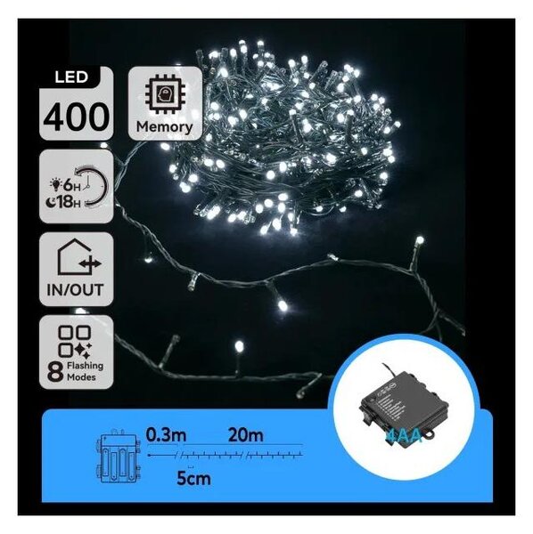 Aigostar - LED външен коледен гирлянд 400xLED/8 функции 4xAA 20,3 m студено бяло