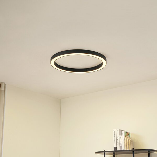 Lucande LED таванска лампа Neor, черна, Ø 60 cm, CCT, с регулиране на яркостта, Затъмняване, Черен, Коридор, Метал, Модерен