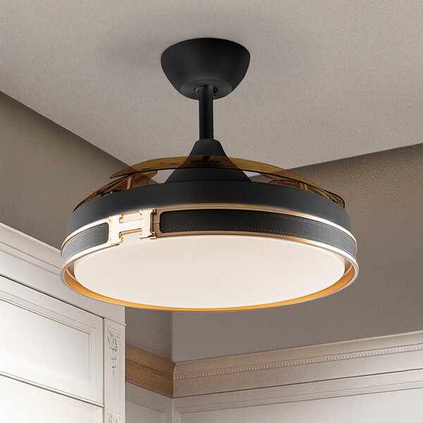 Schuller Valencia LED тавански вентилатор Herón черен/златен/пушен Ø 106 cm тих, Затъмняване, Сив, Дневна/трапезария, Пластмаса, Модерен