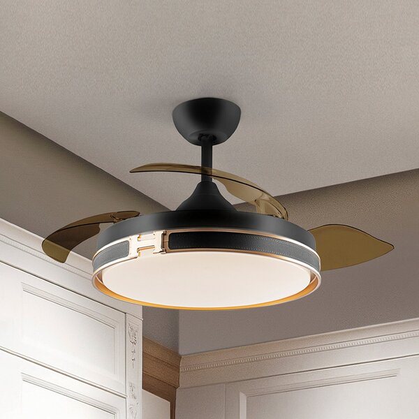 Schuller Valencia LED тавански вентилатор Herón черен/златен/пушен Ø 106 cm тих, Затъмняване, Сив, Дневна/трапезария, Пластмаса, Модерен