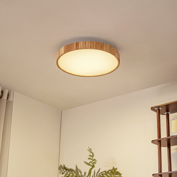 Lindby LED таванска лампа Velua, бяла/светло дърво, CCT, Ø 50 cm, Затъмняване, Дърво, Дневна/трапезария, Дървесина, Модерен