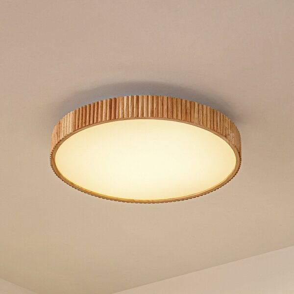 Lindby LED таванска лампа Velua, бяла/светло дърво, CCT, Ø 50 cm, Затъмняване, Дърво, Дневна/трапезария, Дървесина, Модерен