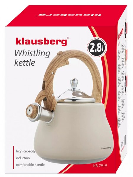 Свирещ чайник Klausberg KB 7919, 2.8 л, Топлоизолирана дръжка, Индукция, Бежов