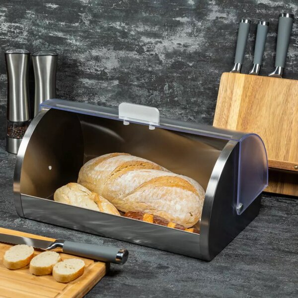 Кутия за хляб Kinghoff KH 3203, 39.5x28x18.5 см, Стомана, Полупрозрачен капак, Бял/сив