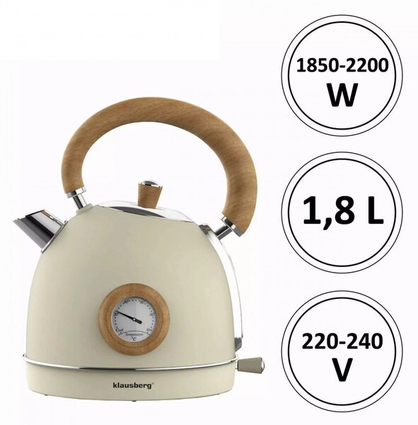 Електрическа кана с термометър Klausberg KB 7906, 2200W, 1.8 л, Индикатор за нивото на водата, Защита от прегряване, Крема