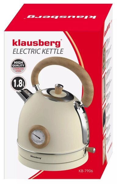 Електрическа кана с термометър Klausberg KB 7906, 2200W, 1.8 л, Индикатор за нивото на водата, Защита от прегряване, Крема