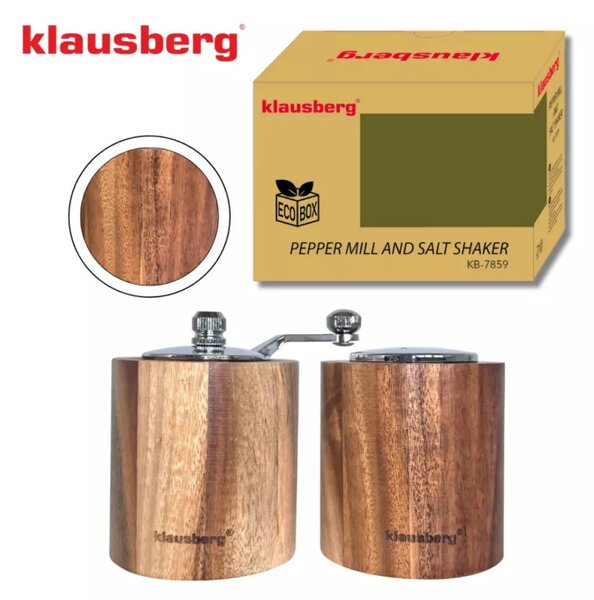 Комплект мелничка за пипер и солница Klausberg KB 7859, Керамичен механизъм, Акациево дърво, Кафяв