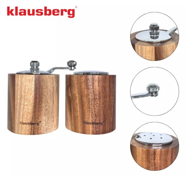 Комплект мелничка за пипер и солница Klausberg KB 7859, Керамичен механизъм, Акациево дърво, Кафяв