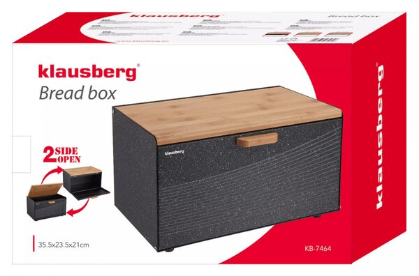 Кутия за хляб Klausberg KB 7464, 35.5 см, Стомана, Бамбук, Горен и преден капак, Черен