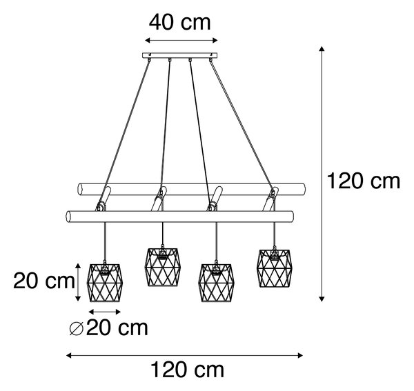 Индустриална висяща лампа черна с дърво 4-светлинна - Mediena