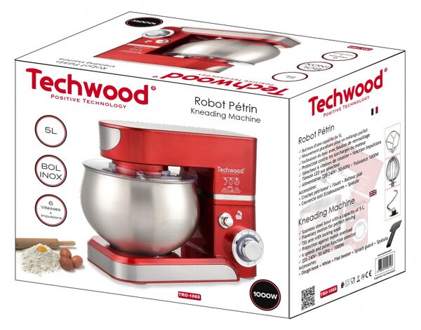 Планетарен миксер Techwood TRO-1065, 1000W, 5 литра, 6 скорости, Пулс, Защита от претоварване, Червен/Инокс