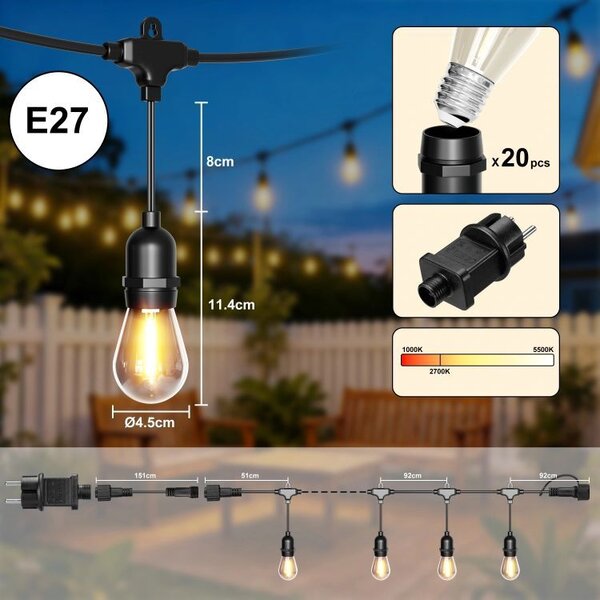 Градински LED гирлянд - светлинна верига с крушки E27 20