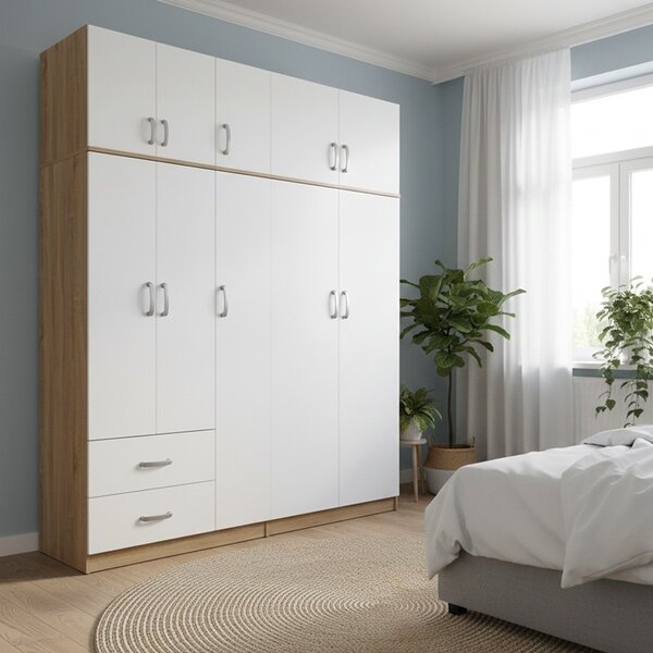 Гардероб с 5 врати, Athos I V23, бял-дъб, 170x42x240 см