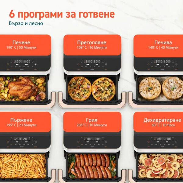 Двоен фритюрник с горещ въздух Cosori Dual Blaze TwinFry CAF-TF101S, 10 л, 6 програми, 35-240 C, Таймер, ThermoIQ, Синхронизирано готвене и приключване, Бял