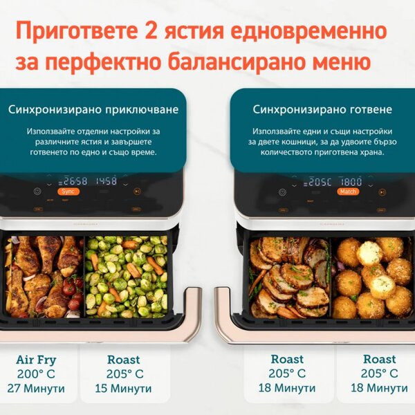 Двоен фритюрник с горещ въздух Cosori Dual Blaze TwinFry CAF-TF101S, 10 л, 6 програми, 35-240 C, Таймер, ThermoIQ, Синхронизирано готвене и приключване, Бял