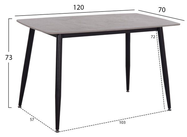 Трапезна маса RAVEN с керамичен плот в сив мрамор и черни метални крака 120x70x73см