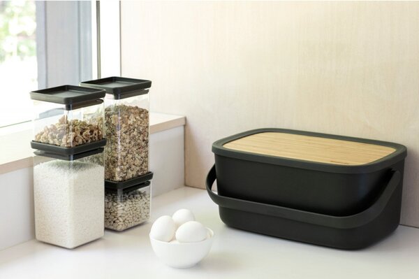 Кутия за хляб Brabantia Nic 1003255, 39.5 см, Бамбуков капак, Дръжка за носене, Тъмносив