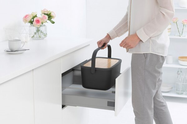 Кутия за хляб Brabantia Nic 1003255, 39.5 см, Бамбуков капак, Дръжка за носене, Тъмносив