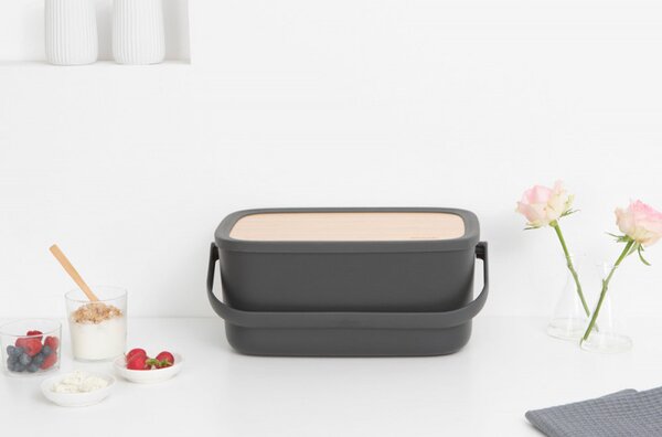Кутия за хляб Brabantia Nic 1003255, 39.5 см, Бамбуков капак, Дръжка за носене, Тъмносив