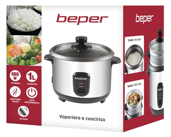 Уред за варене на ориз Beper 90.550, 400W, 1 л, До 625г ориз, Поддържане на топлината, Инокс