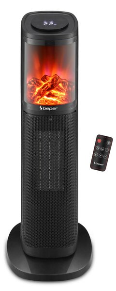 Керамичен отоплител Beper P203TER011, 2000W, LED дисплей, 3D Огнен ефект, Таймер до 8 часа, Черен