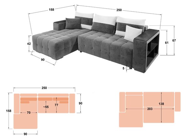 Разтегателен диван Мелвин S с лежанка + подлакътник мини етажерка