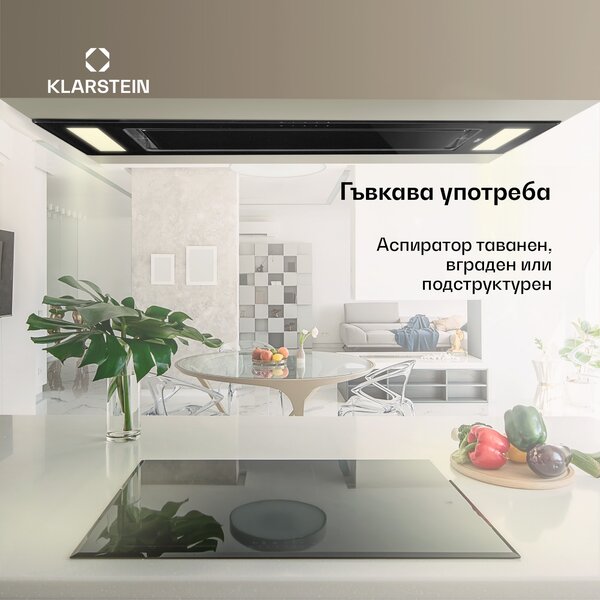 Klarstein Remy абсорбатор за таван, за вграждане, 90 cm EEK A 620 m³/h touch LED стъкло