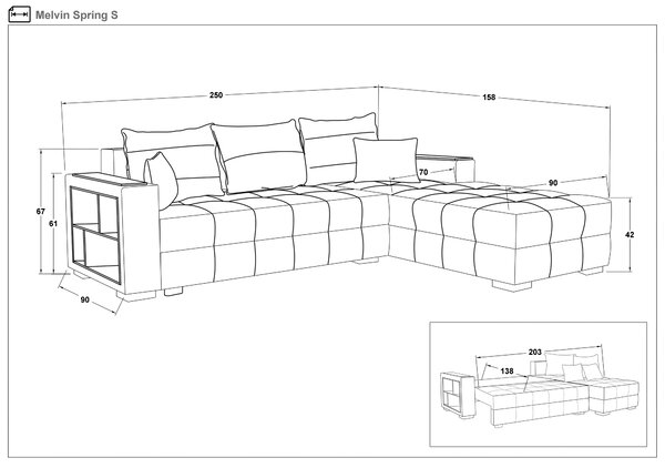 Разтегателен диван Мелвин Спринг S с лежанка + подлакътник мини етажерка