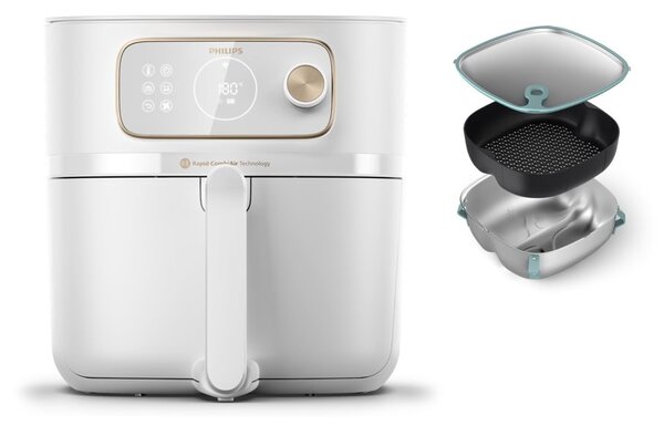 Фритюрник с горещ въздух Philips HD9876/25, 8.3 л. вместимост, 22 програми, таймер, незалепващо покритие, Rapid CombiAir технология, 2200W