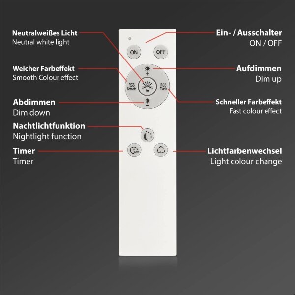 Briloner 7491-016-LED RGBW димируема таванна LED плафониера, умна, 22W/230V, 4000K + дистанционно управление, Wi‑Fi (Tuya)