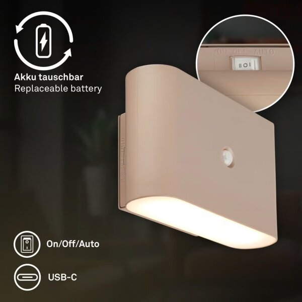 Briloner 3878011 - LED стенен осветител с вграден акумулатор и сензор CHAT, LED/3W/5V, 2000 mAh, бежов